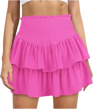 Women's High Waisted Active Short Skirts Layered Ruffle Pleated Stretch Waist Gym Workout Mini Skirt