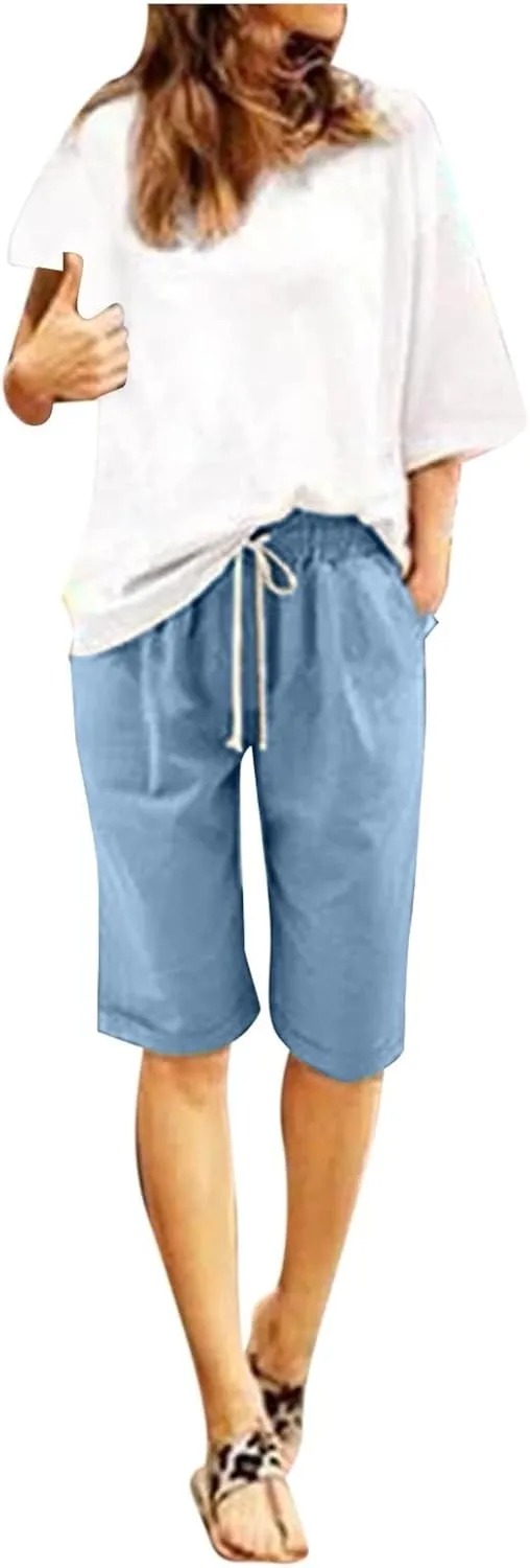 Women's Knee Length Bermuda Shorts Elastic Waist Drawstring Casual 10" Long Linen Shorts Summer Beach Shorts