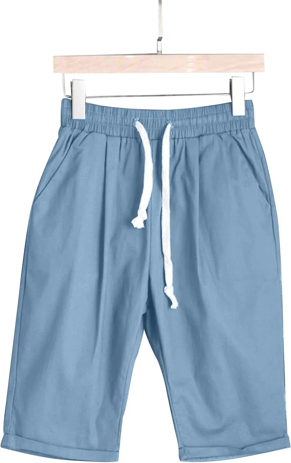 Women's Knee Length Bermuda Shorts Elastic Waist Drawstring Casual 10" Long Linen Shorts Summer Beach Shorts