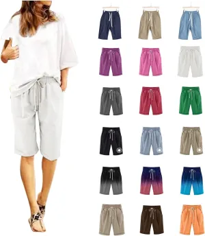 Women's Knee Length Bermuda Shorts Elastic Waist Drawstring Casual 10" Long Linen Shorts Summer Beach Shorts