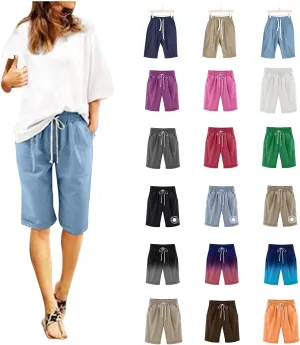 Women's Knee Length Bermuda Shorts Elastic Waist Drawstring Casual 10" Long Linen Shorts Summer Beach Shorts