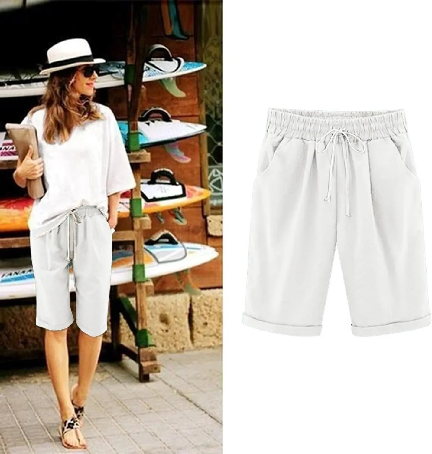 Women's Knee Length Bermuda Shorts Elastic Waist Drawstring Casual 10" Long Linen Shorts Summer Beach Shorts