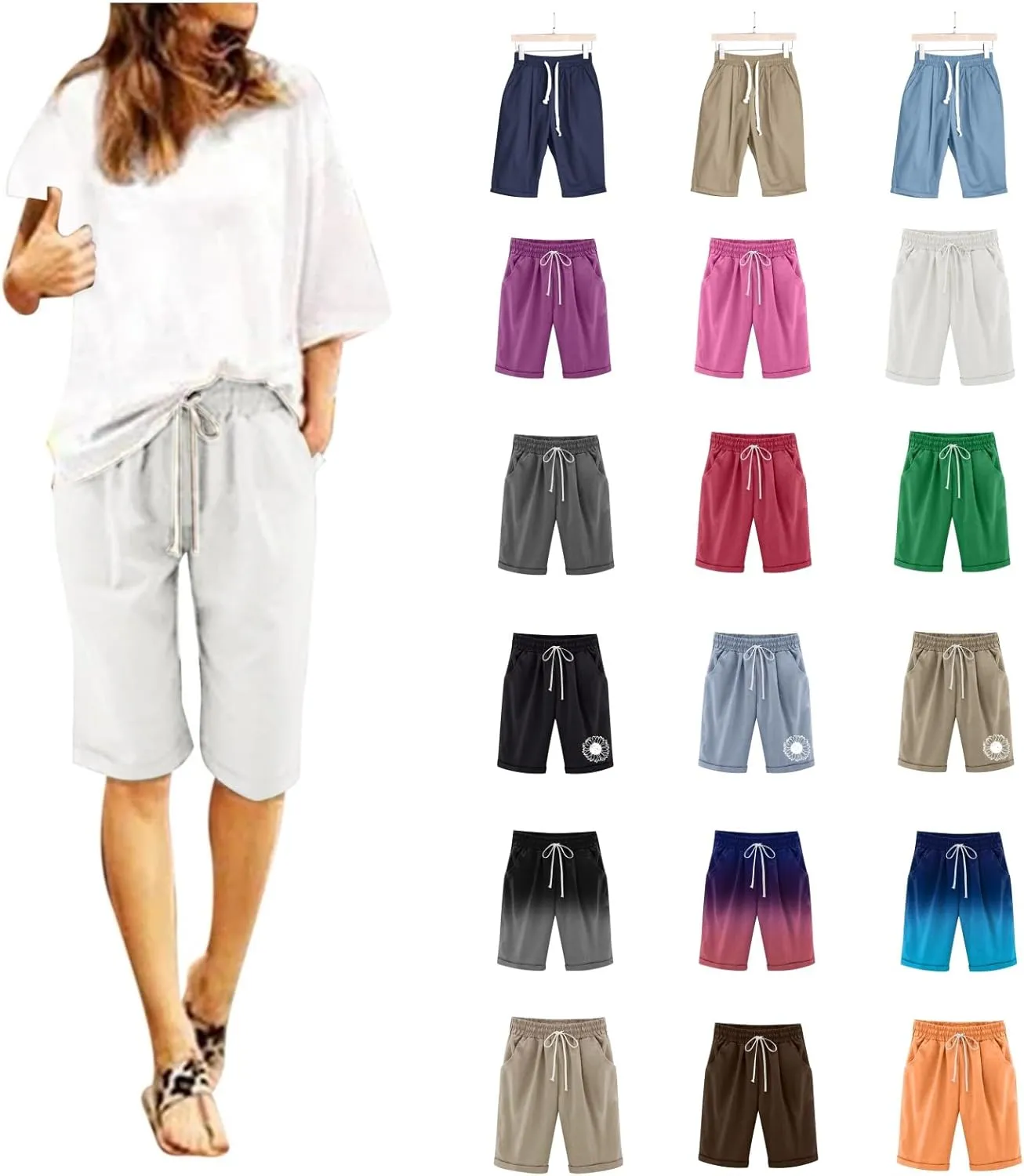 Women's Knee Length Bermuda Shorts Elastic Waist Drawstring Casual 10" Long Linen Shorts Summer Beach Shorts