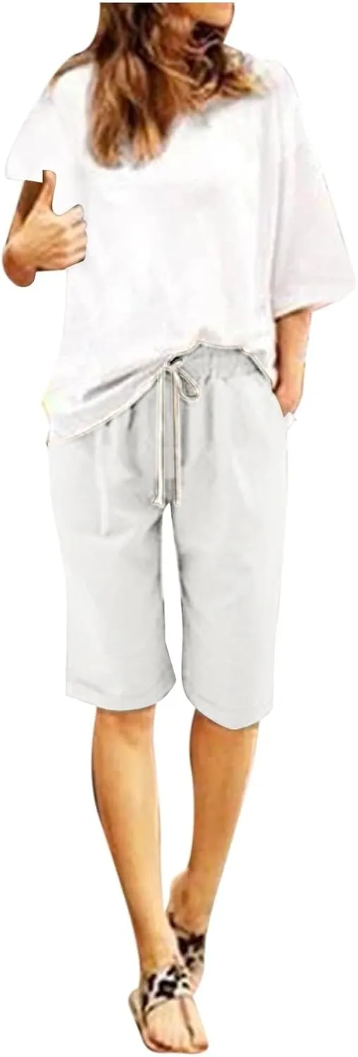 Women's Knee Length Bermuda Shorts Elastic Waist Drawstring Casual 10" Long Linen Shorts Summer Beach Shorts