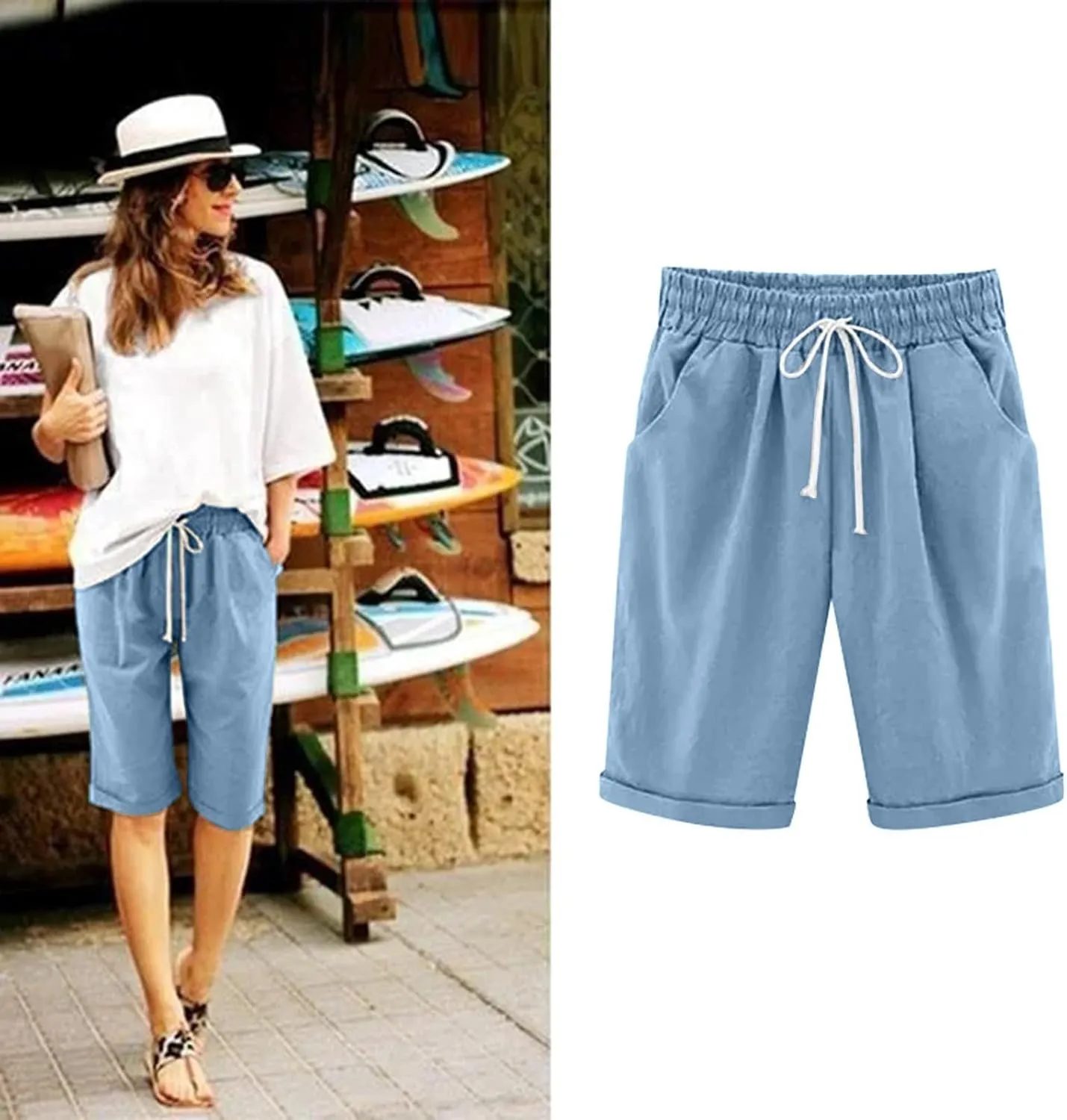 Women's Knee Length Bermuda Shorts Elastic Waist Drawstring Casual 10" Long Linen Shorts Summer Beach Shorts