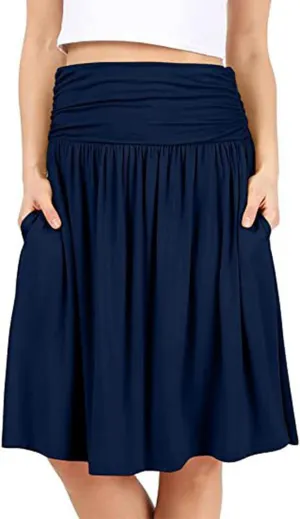 Womens Knee Length Skirts Summer Casual Pleated Flowy Skirt High Waist Solid Color Mini Skirts