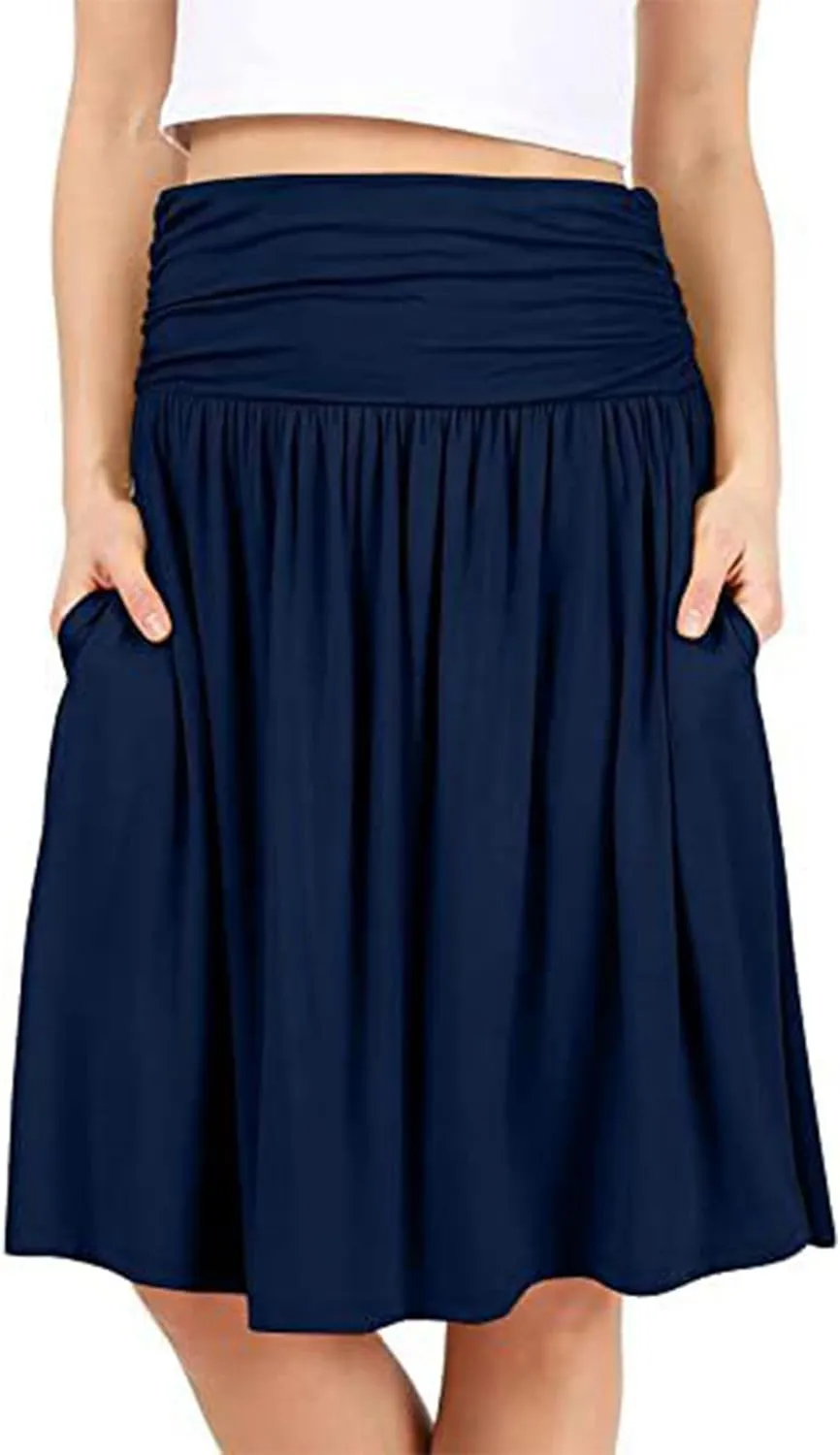 Womens Knee Length Skirts Summer Casual Pleated Flowy Skirt High Waist Solid Color Mini Skirts