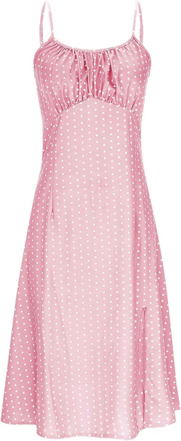 Womens Knee-Length Sleeveless Sundress Boho Polka Dot Beach Slip Dress Summer Sexy Fashion Vacation Dresses