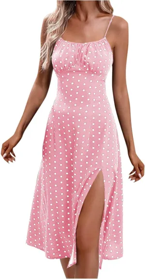 Womens Knee-Length Sleeveless Sundress Boho Polka Dot Beach Slip Dress Summer Sexy Fashion Vacation Dresses