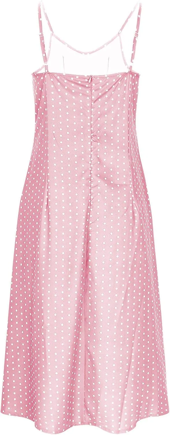 Womens Knee-Length Sleeveless Sundress Boho Polka Dot Beach Slip Dress Summer Sexy Fashion Vacation Dresses