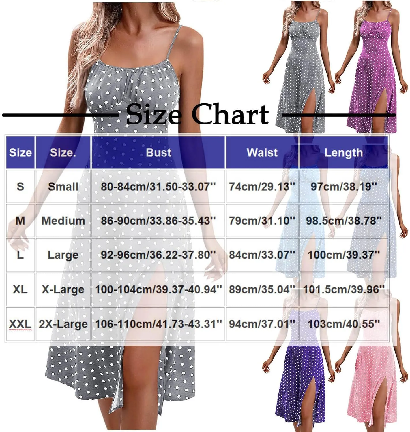 Womens Knee-Length Sleeveless Sundress Boho Polka Dot Beach Slip Dress Summer Sexy Fashion Vacation Dresses