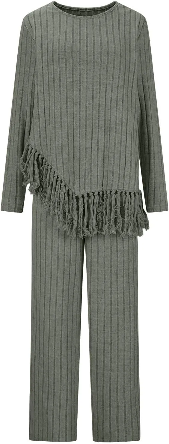 Women's Knit Lounge Sets 2 Piece Pajama Sets Plus Size Loungewear Soft Comfy Pj Sets Loose Fit Tops and Pants Set