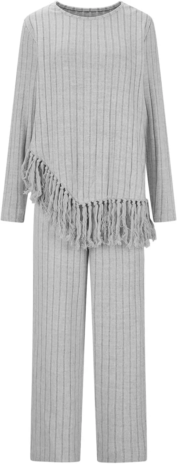 Women's Knit Lounge Sets 2 Piece Pajama Sets Plus Size Loungewear Soft Comfy Pj Sets Loose Fit Tops and Pants Set