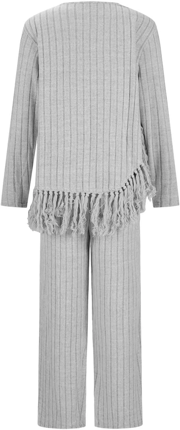 Women's Knit Lounge Sets 2 Piece Pajama Sets Plus Size Loungewear Soft Comfy Pj Sets Loose Fit Tops and Pants Set