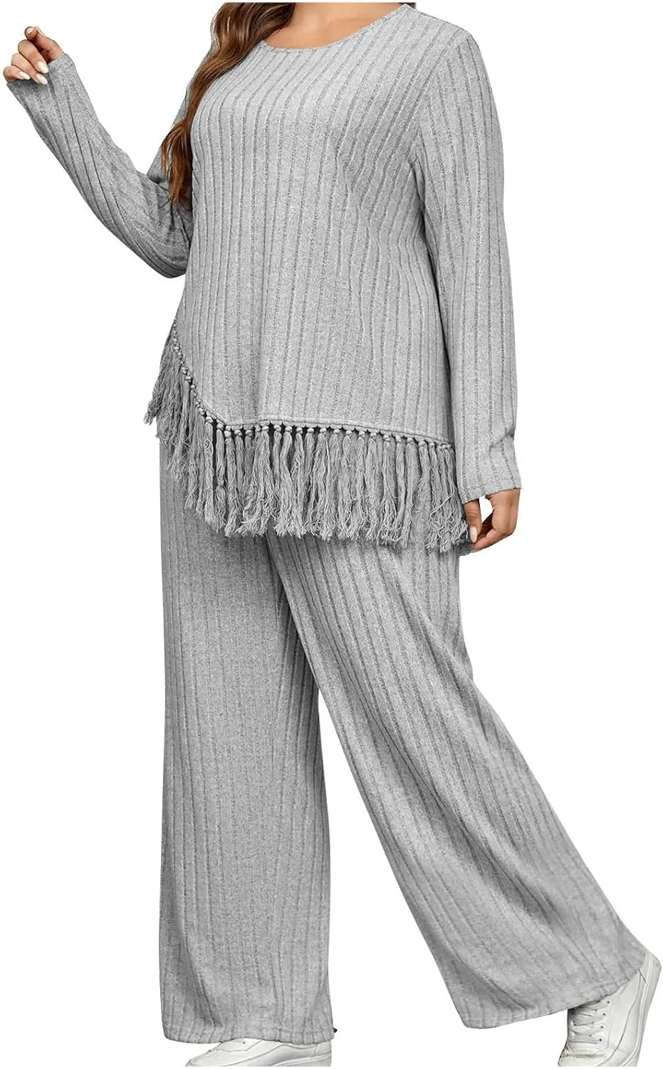 Women's Knit Lounge Sets 2 Piece Pajama Sets Plus Size Loungewear Soft Comfy Pj Sets Loose Fit Tops and Pants Set