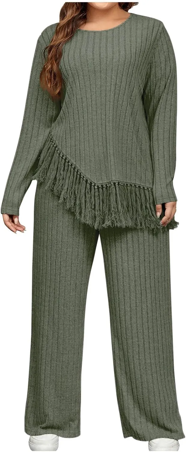 Women's Knit Lounge Sets 2 Piece Pajama Sets Plus Size Loungewear Soft Comfy Pj Sets Loose Fit Tops and Pants Set