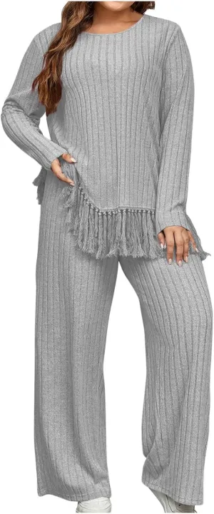 Women's Knit Lounge Sets 2 Piece Pajama Sets Plus Size Loungewear Soft Comfy Pj Sets Loose Fit Tops and Pants Set
