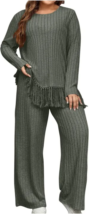 Women's Knit Lounge Sets 2 Piece Pajama Sets Plus Size Loungewear Soft Comfy Pj Sets Loose Fit Tops and Pants Set