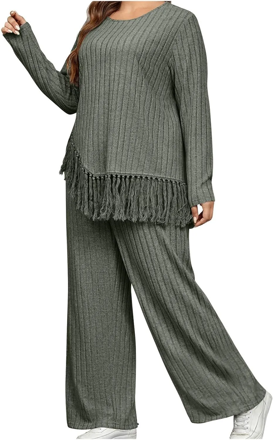 Women's Knit Lounge Sets 2 Piece Pajama Sets Plus Size Loungewear Soft Comfy Pj Sets Loose Fit Tops and Pants Set