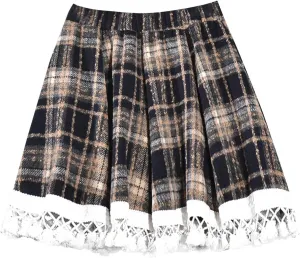 Women's Lace Trim Plaid Skirt Vintage Wool Blend Tiered Elastic Waist A-Line Skirts Casual Ruffle Swing Mini Skirts