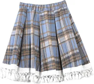 Women's Lace Trim Plaid Skirt Vintage Wool Blend Tiered Elastic Waist A-Line Skirts Casual Ruffle Swing Mini Skirts