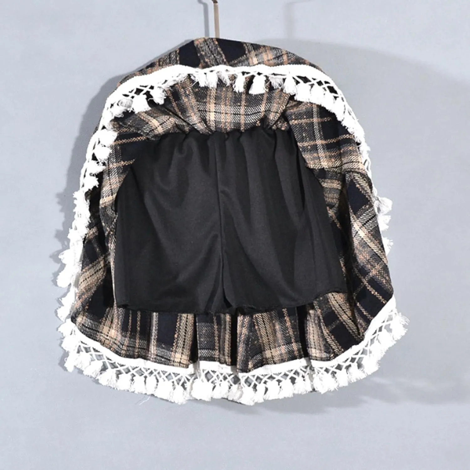 Women's Lace Trim Plaid Skirt Vintage Wool Blend Tiered Elastic Waist A-Line Skirts Casual Ruffle Swing Mini Skirts