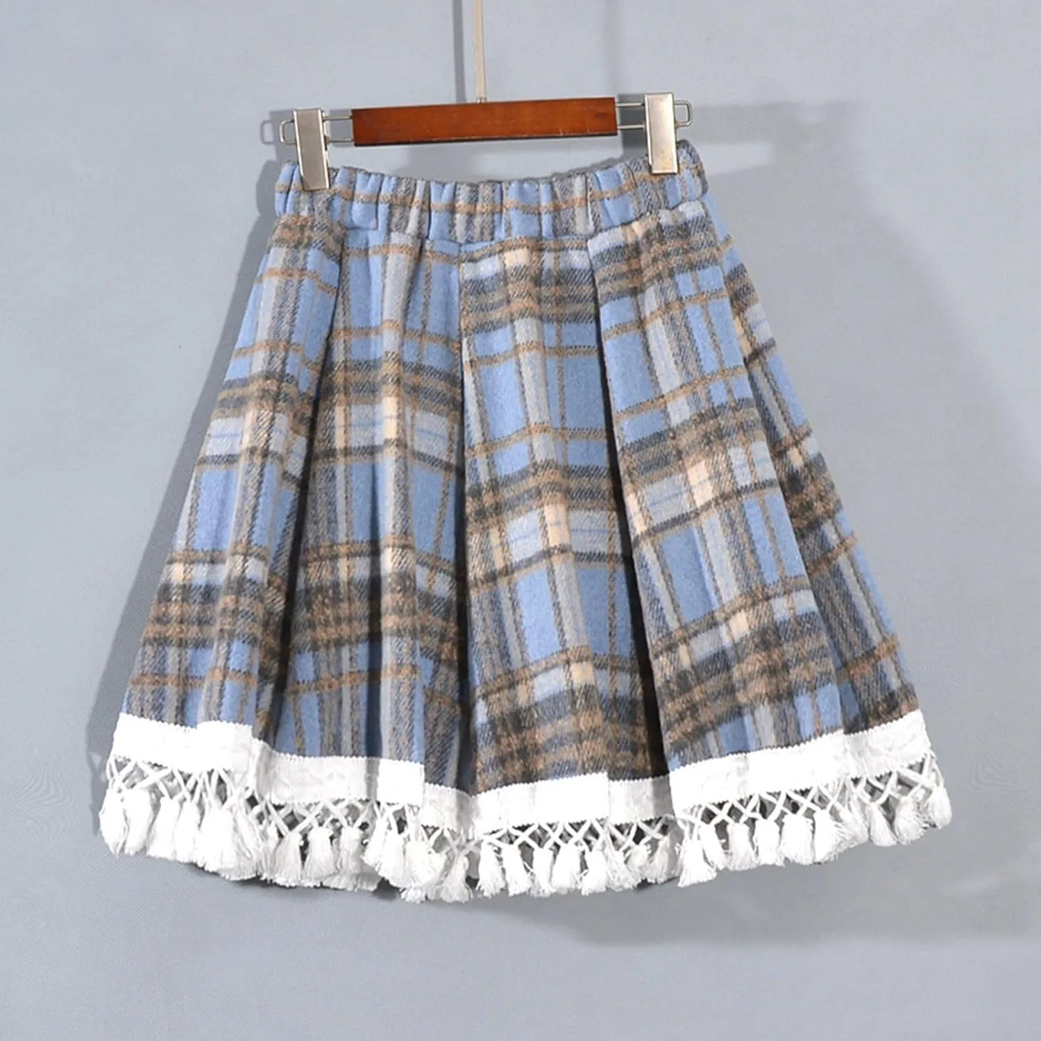 Women's Lace Trim Plaid Skirt Vintage Wool Blend Tiered Elastic Waist A-Line Skirts Casual Ruffle Swing Mini Skirts
