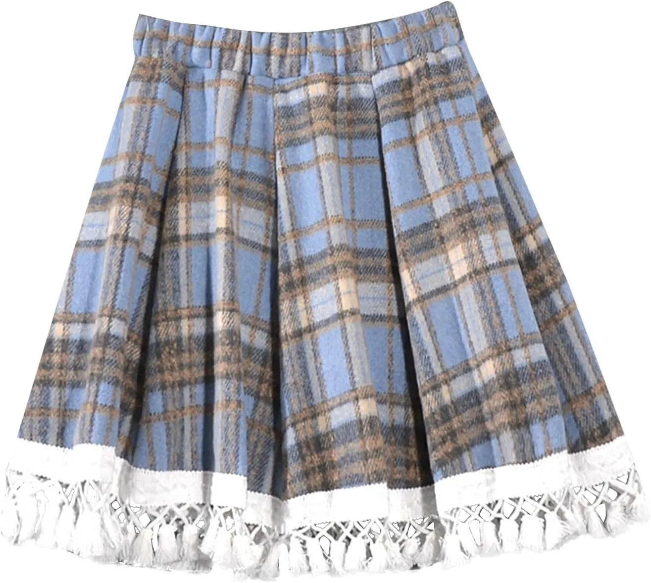 Women's Lace Trim Plaid Skirt Vintage Wool Blend Tiered Elastic Waist A-Line Skirts Casual Ruffle Swing Mini Skirts