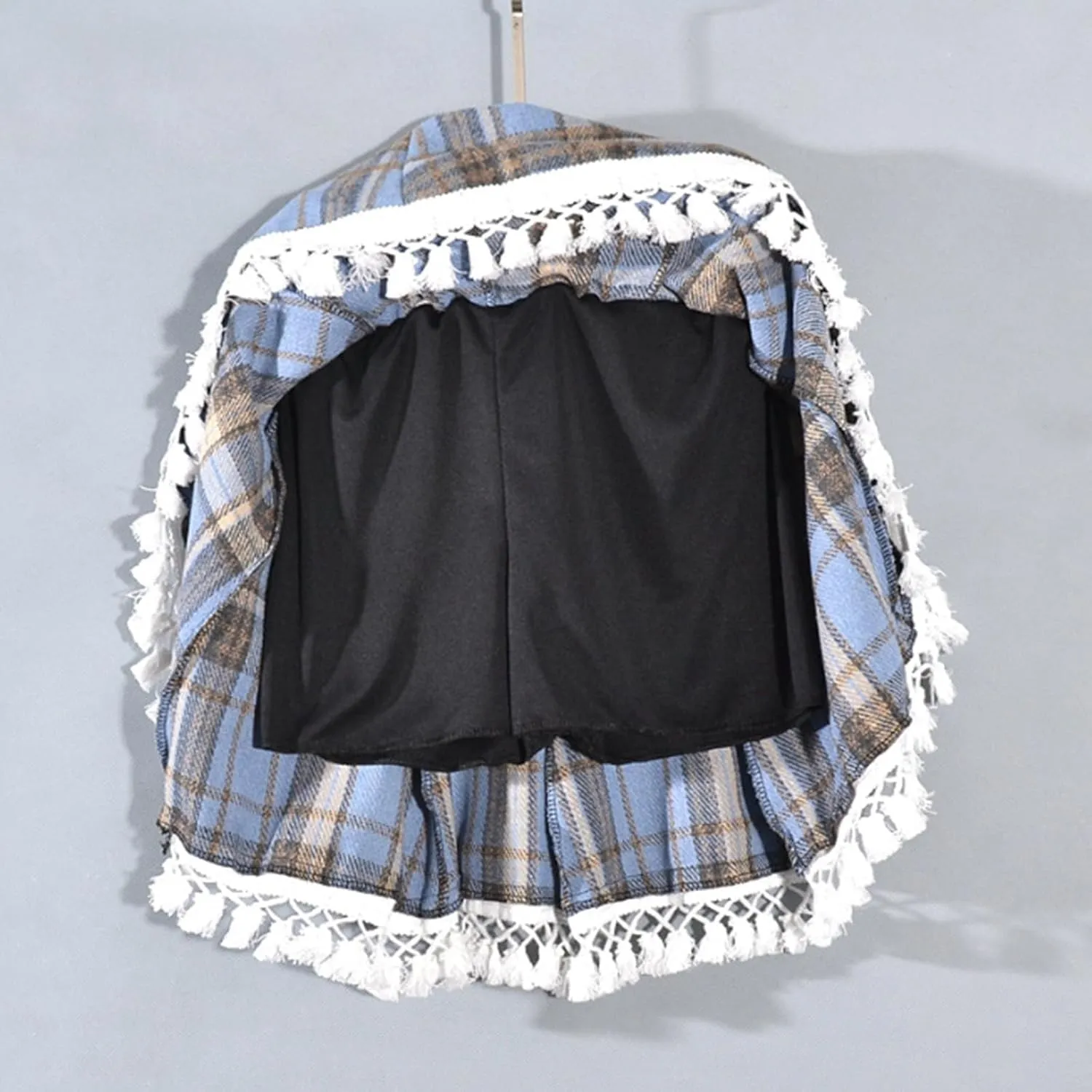 Women's Lace Trim Plaid Skirt Vintage Wool Blend Tiered Elastic Waist A-Line Skirts Casual Ruffle Swing Mini Skirts