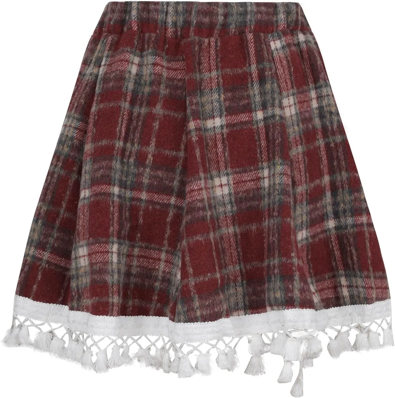 Women's Lace Trim Plaid Skirt Vintage Wool Blend Tiered Elastic Waist A-Line Skirts Casual Ruffle Swing Mini Skirts