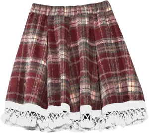 Women's Lace Trim Plaid Skirt Vintage Wool Blend Tiered Elastic Waist A-Line Skirts Casual Ruffle Swing Mini Skirts