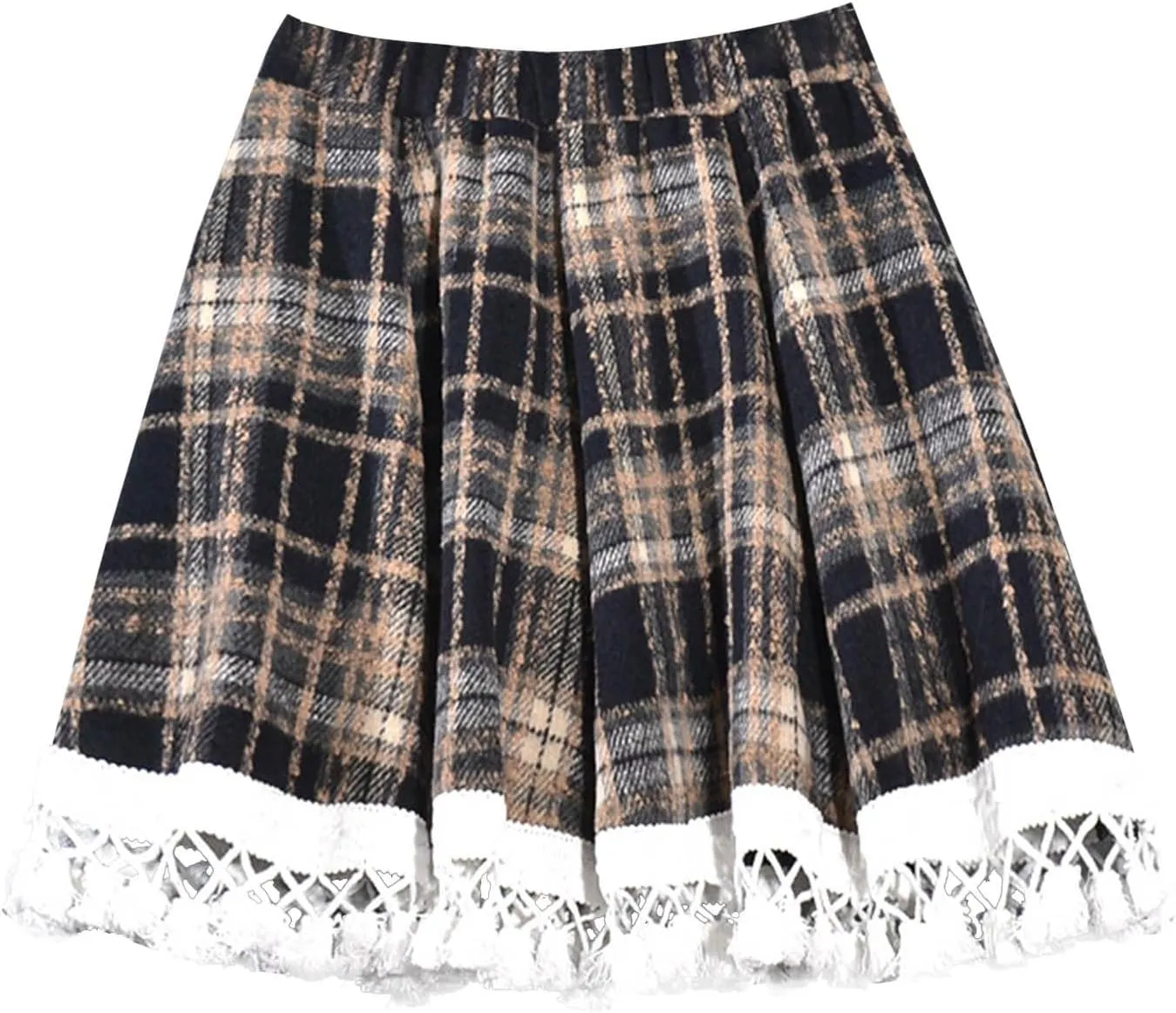 Women's Lace Trim Plaid Skirt Vintage Wool Blend Tiered Elastic Waist A-Line Skirts Casual Ruffle Swing Mini Skirts