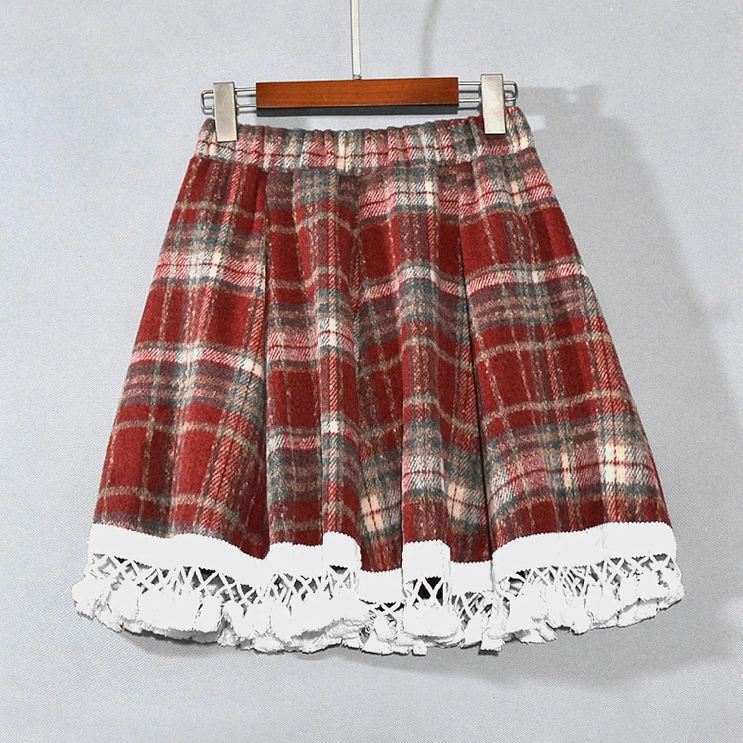 Women's Lace Trim Plaid Skirt Vintage Wool Blend Tiered Elastic Waist A-Line Skirts Casual Ruffle Swing Mini Skirts
