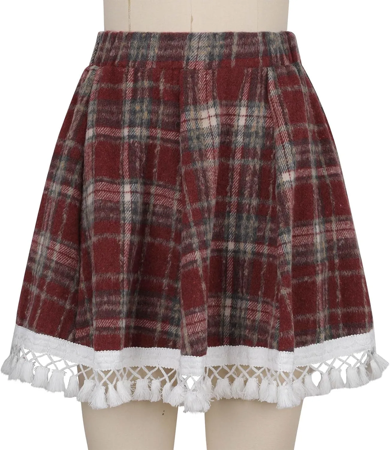 Women's Lace Trim Plaid Skirt Vintage Wool Blend Tiered Elastic Waist A-Line Skirts Casual Ruffle Swing Mini Skirts