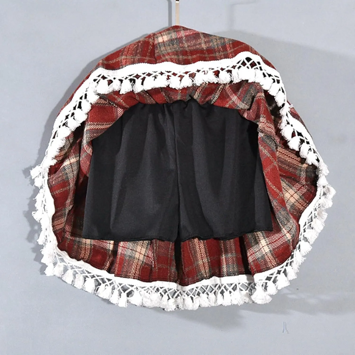 Women's Lace Trim Plaid Skirt Vintage Wool Blend Tiered Elastic Waist A-Line Skirts Casual Ruffle Swing Mini Skirts