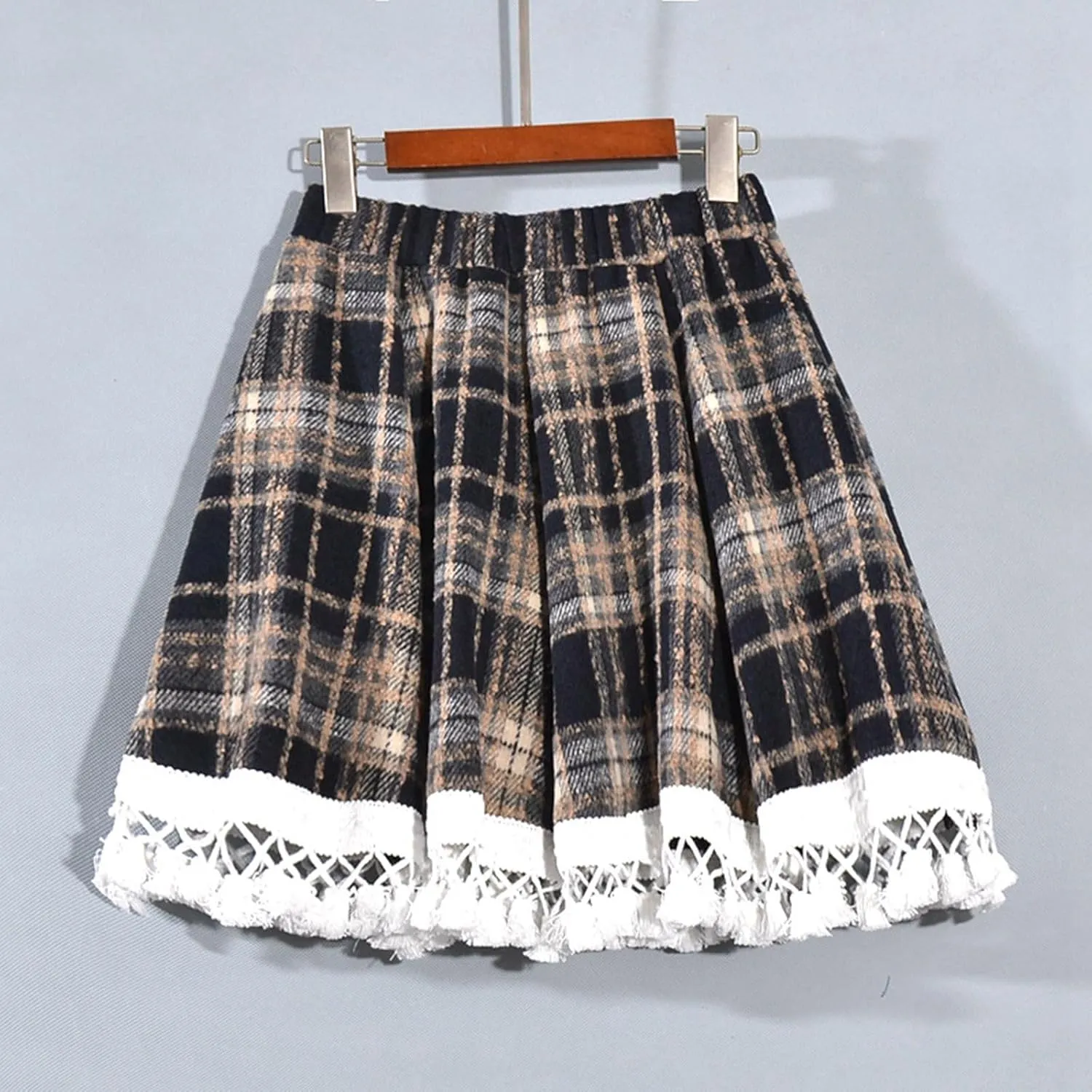 Women's Lace Trim Plaid Skirt Vintage Wool Blend Tiered Elastic Waist A-Line Skirts Casual Ruffle Swing Mini Skirts