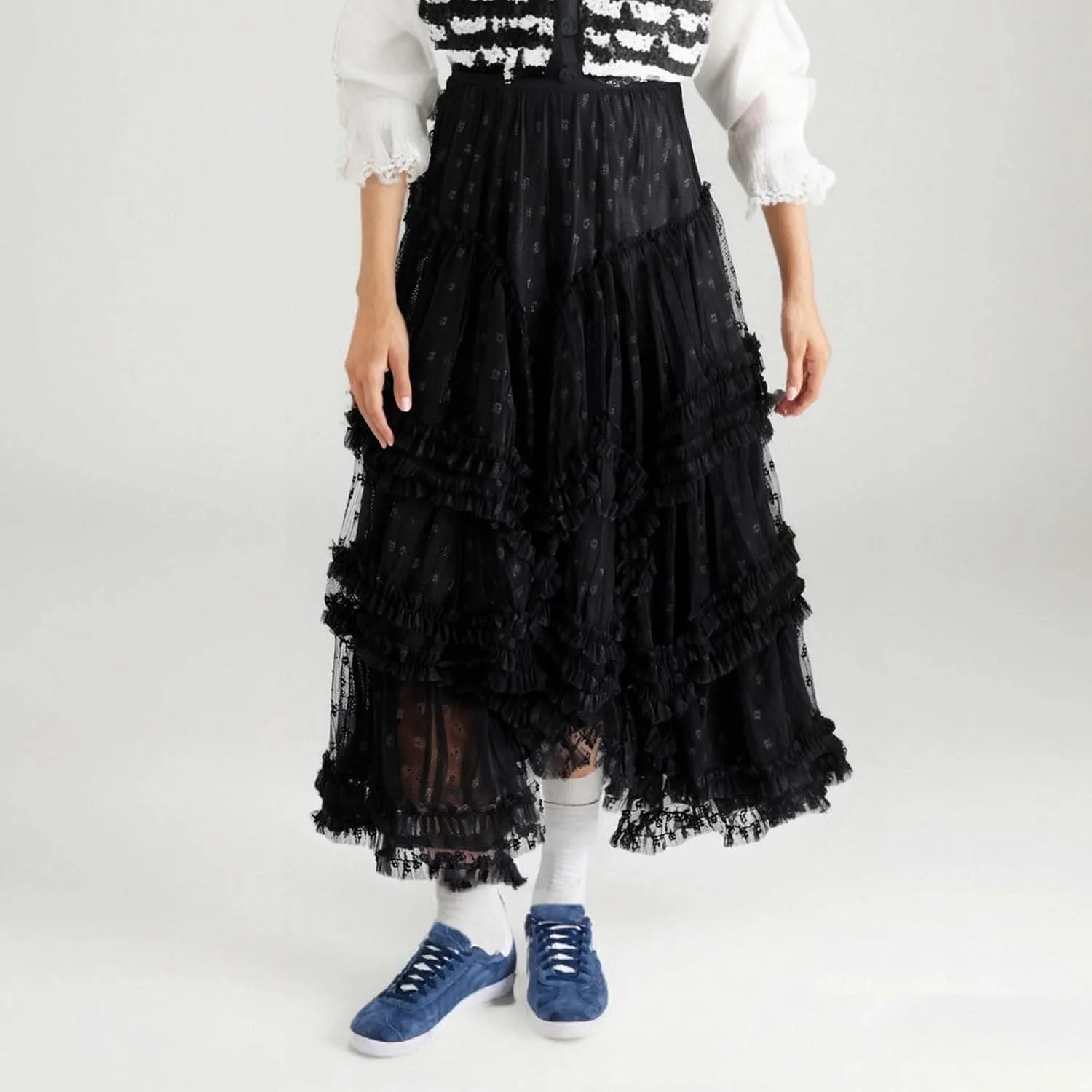 Women's Lace Tulle Maxi Skirt High Waisted Asymmetric Ruffle Flowy Boho Beach Wedding Guest Skirt Sheer Layered