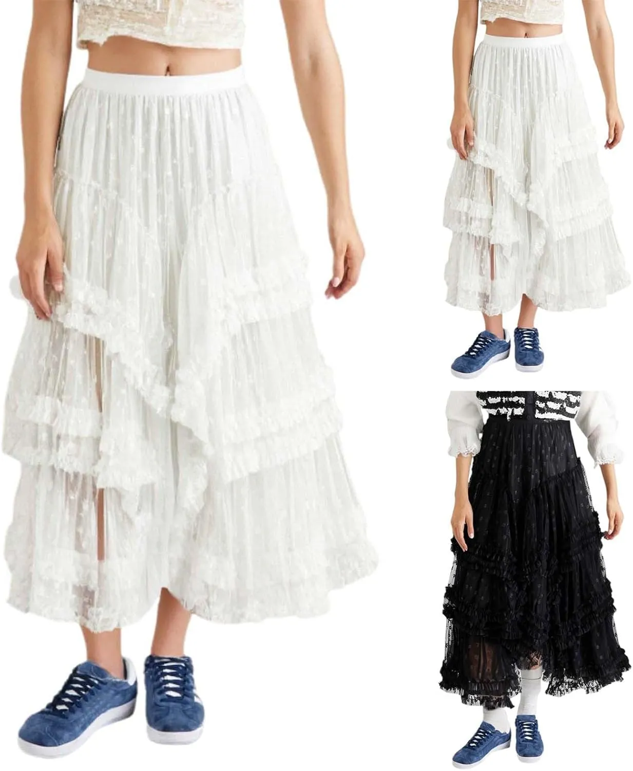 Women's Lace Tulle Maxi Skirt High Waisted Asymmetric Ruffle Flowy Boho Beach Wedding Guest Skirt Sheer Layered