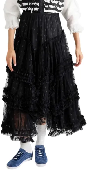 Women's Lace Tulle Maxi Skirt High Waisted Asymmetric Ruffle Flowy Boho Beach Wedding Guest Skirt Sheer Layered