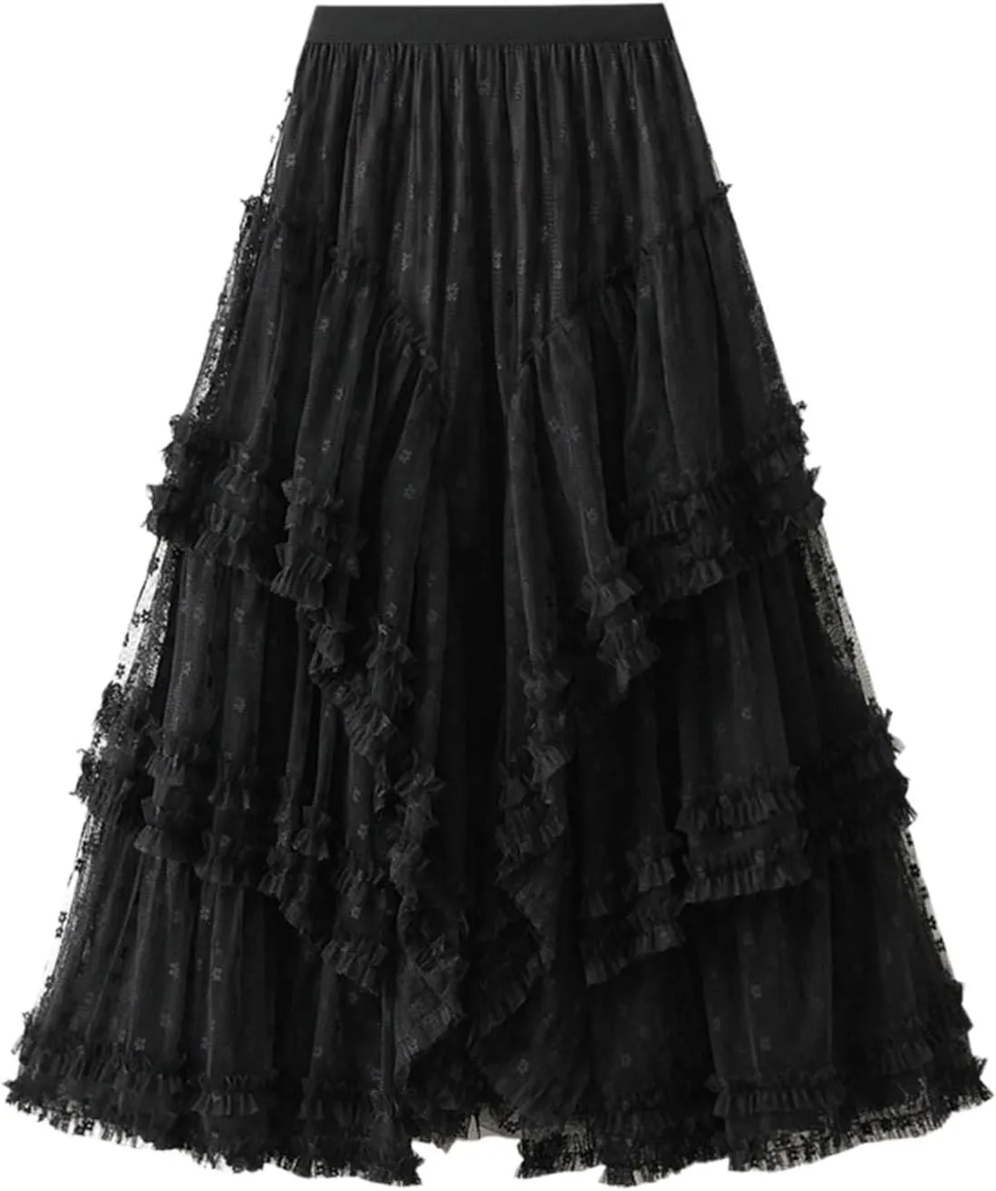 Women's Lace Tulle Maxi Skirt High Waisted Asymmetric Ruffle Flowy Boho Beach Wedding Guest Skirt Sheer Layered