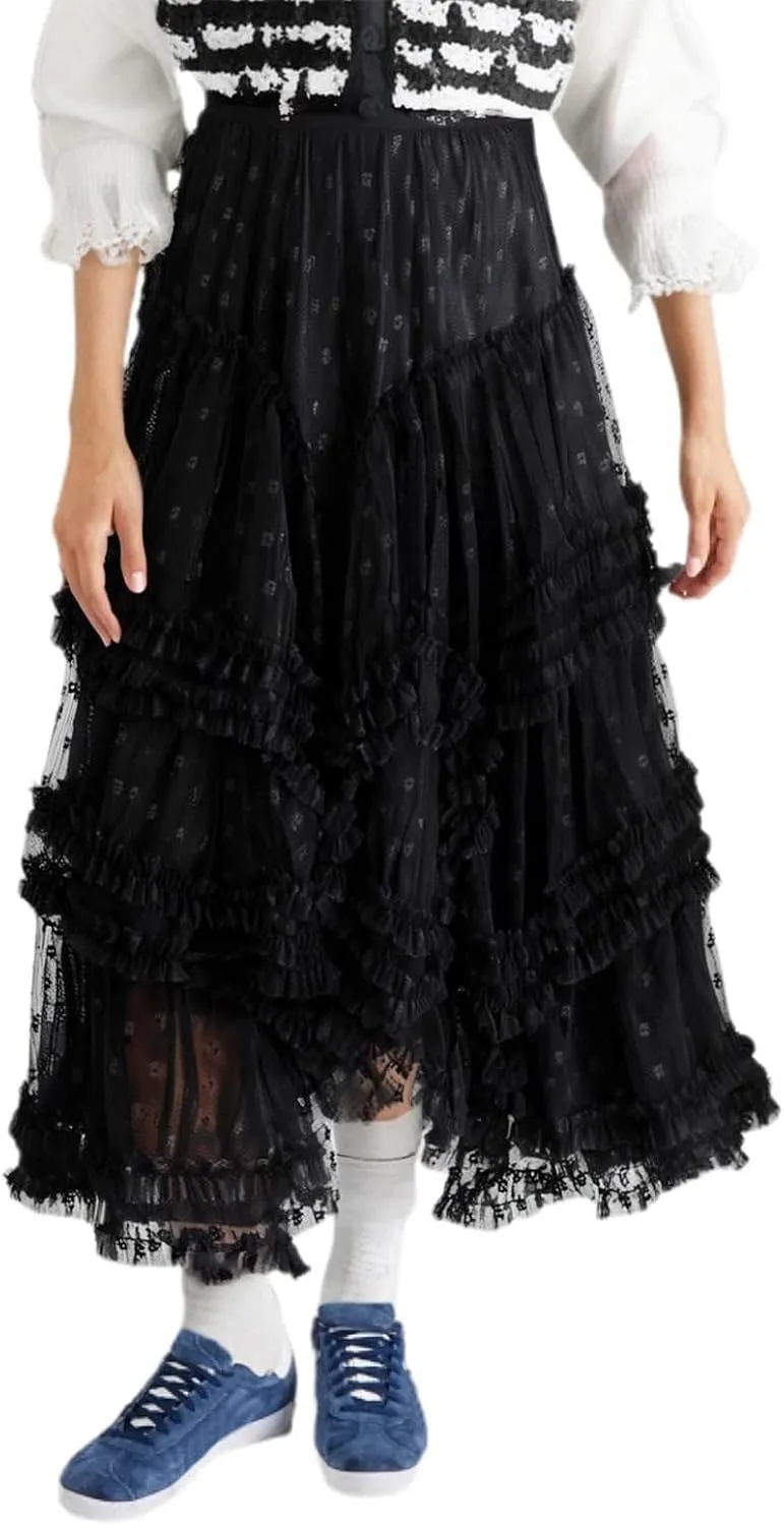 Women's Lace Tulle Maxi Skirt High Waisted Asymmetric Ruffle Flowy Boho Beach Wedding Guest Skirt Sheer Layered