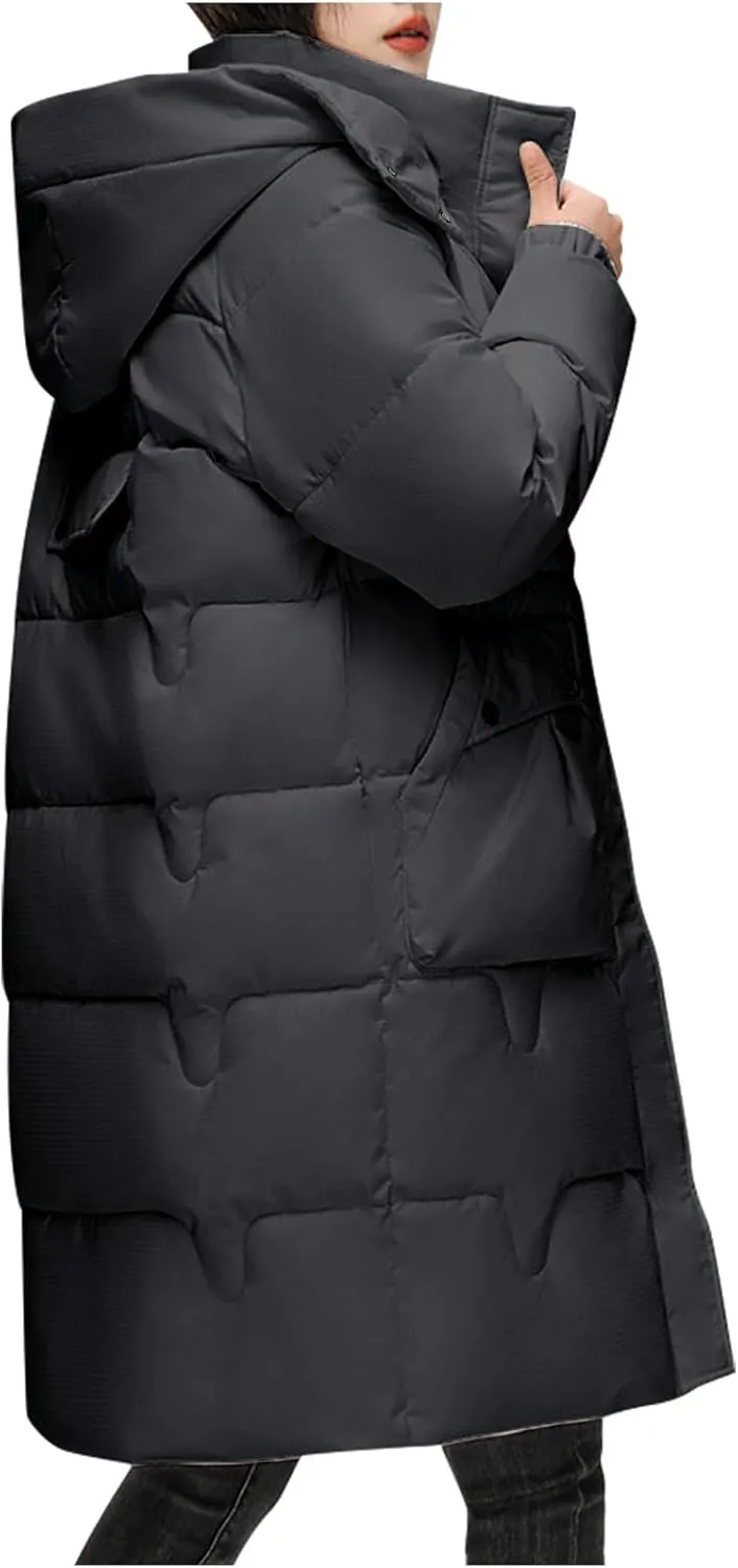 Women's Lightweight Puffer Down Jacket Thickened Winter Warm Stand Collar Long Hooded Coat Quilted Parkas with Pocket
