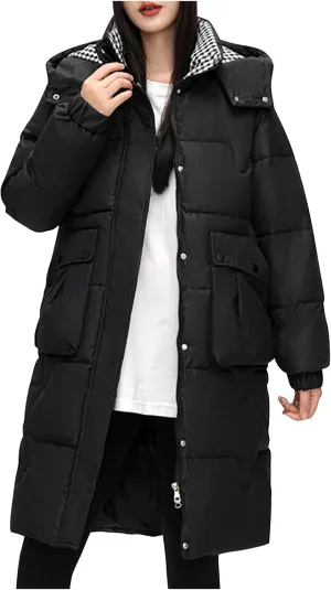 Women's Lightweight Puffer Down Jacket Thickened Winter Warm Stand Collar Long Hooded Coat Quilted Parkas with Pocket