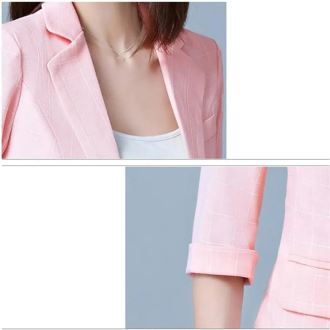 Women's Linen Cotton Blazer Coat Single Button Suit Jackets 3/4 Sleeve Spring Summer Office Elegant Outerwear