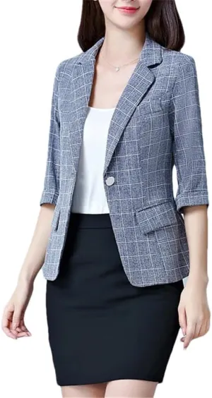 Women's Linen Cotton Blazer Coat Single Button Suit Jackets 3/4 Sleeve Spring Summer Office Elegant Outerwear