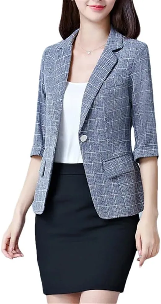 Women's Linen Cotton Blazer Coat Single Button Suit Jackets 3/4 Sleeve Spring Summer Office Elegant Outerwear