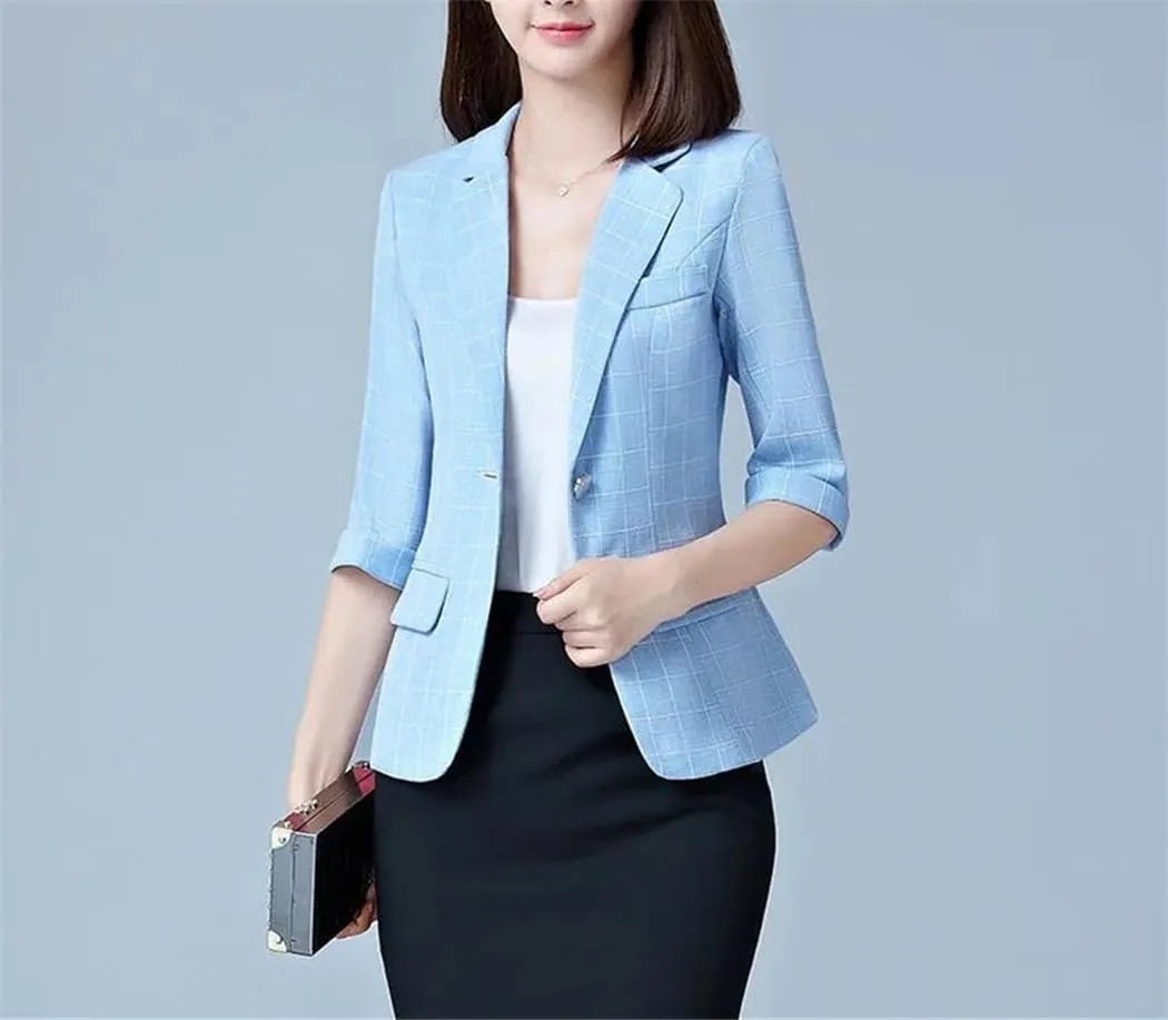 Women's Linen Cotton Blazer Coat Single Button Suit Jackets 3/4 Sleeve Spring Summer Office Elegant Outerwear