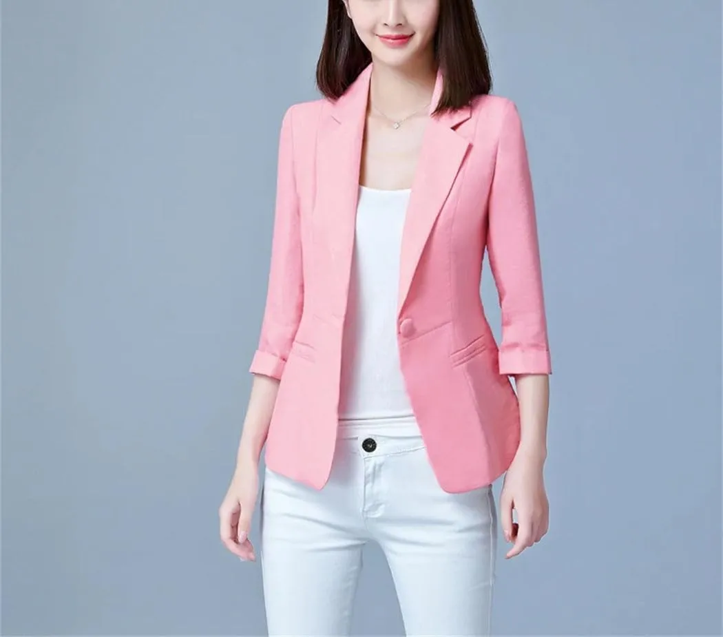 Women's Linen Cotton Blazer Coat Single Button Suit Jackets 3/4 Sleeve Spring Summer Office Elegant Outerwear