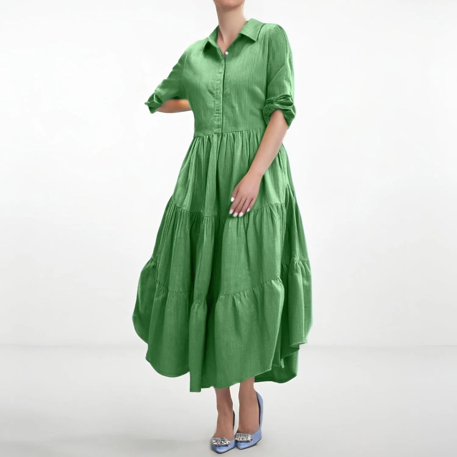 Womens Linen Dresses Tiered Puff Swing Half Sleeve Zipper Polo Tshirt Dress Funeral Church Spring Baby Shower Outfit