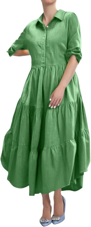 Womens Linen Dresses Tiered Puff Swing Half Sleeve Zipper Polo Tshirt Dress Funeral Church Spring Baby Shower Outfit